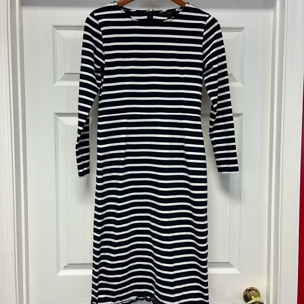 J. Crew Knit Navy & White Stripe 3/4 Sleeve MIDI Dress sz 6